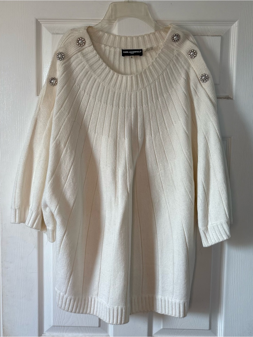 Karl Lagerfeld Ivory Ribbed Crewneck Sweater with Pearl Flower Buttons